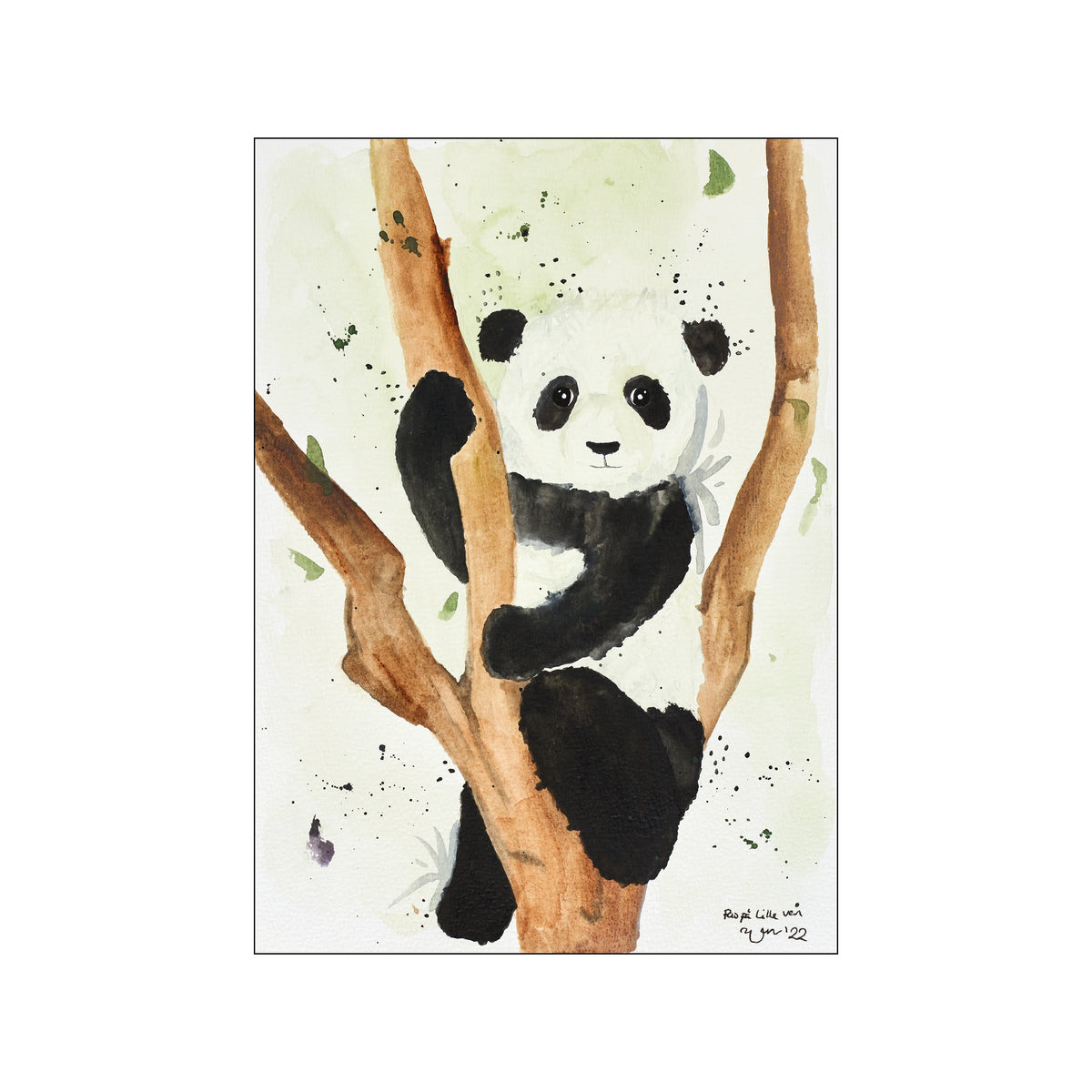 A watercolor painting of a baby panda clinging to a tree trunk, set against a soft, abstract background of muted greens and brown splashes, conveying a gentle and whimsical mood.