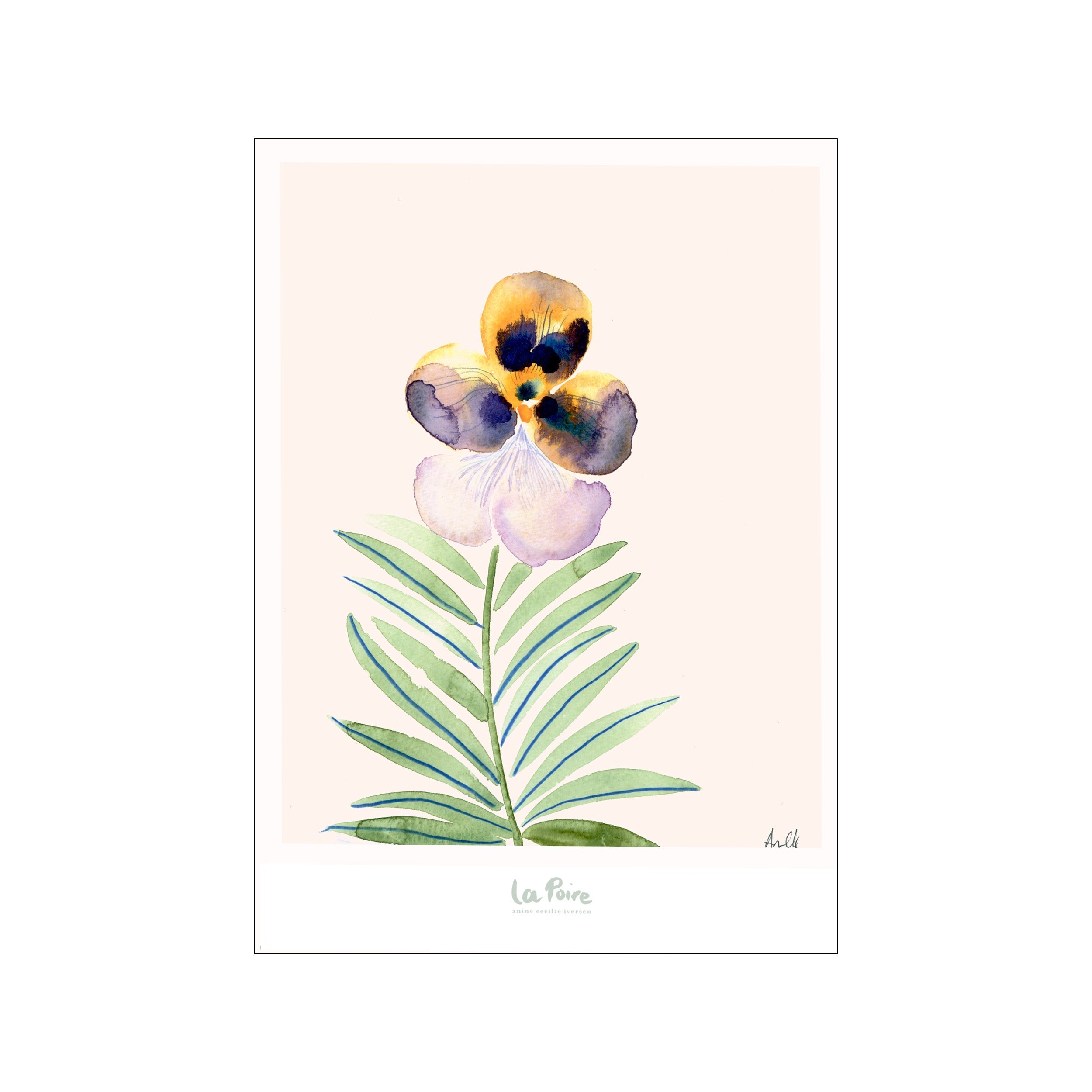 A watercolor painting of a single pansy flower in bloom, featuring golden yellow and deep purple petals, with delicate green leaves and subtle blue accents, set against a pale cream background.