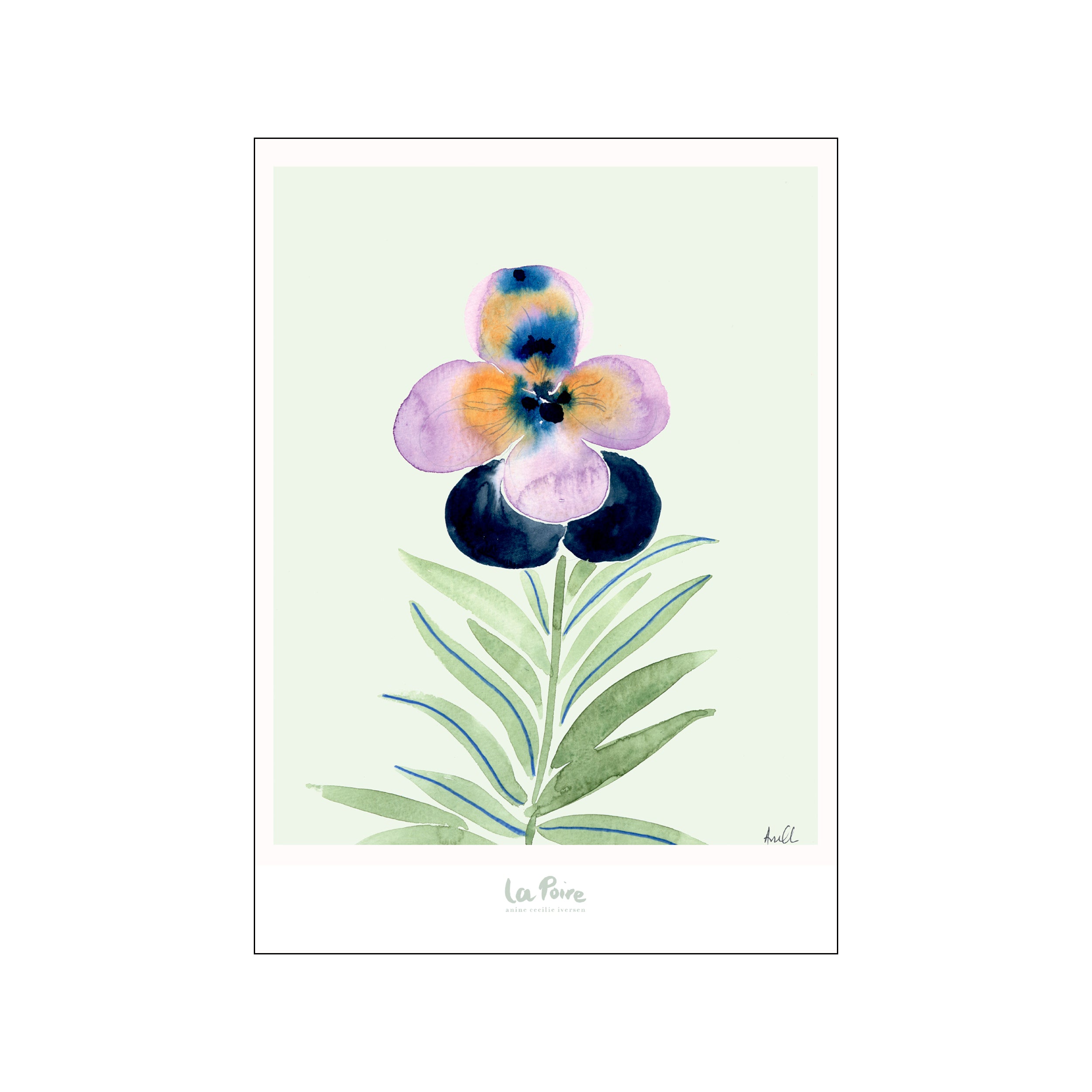 A watercolor painting of a single pansy flower in soft lavender, yellow, and deep blue hues against a pale green background, with delicate green leaves.