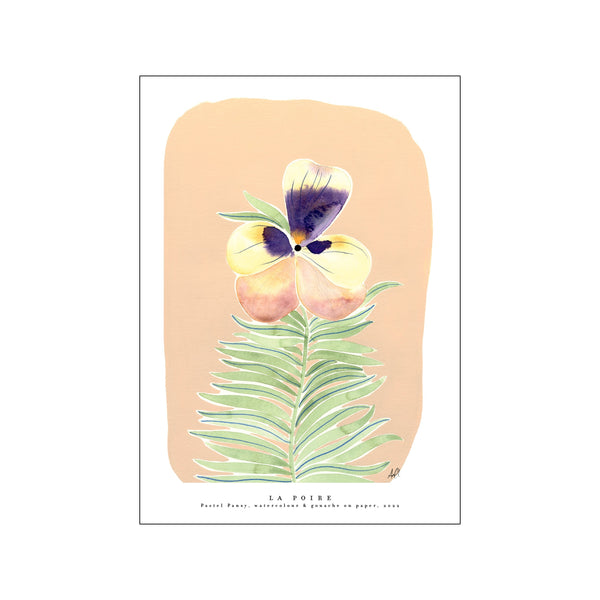 A watercolor and gouache painting of a single pansy in shades of lilac, yellow, and blush pink, resting above delicate green fern-like leaves against a soft peach background.