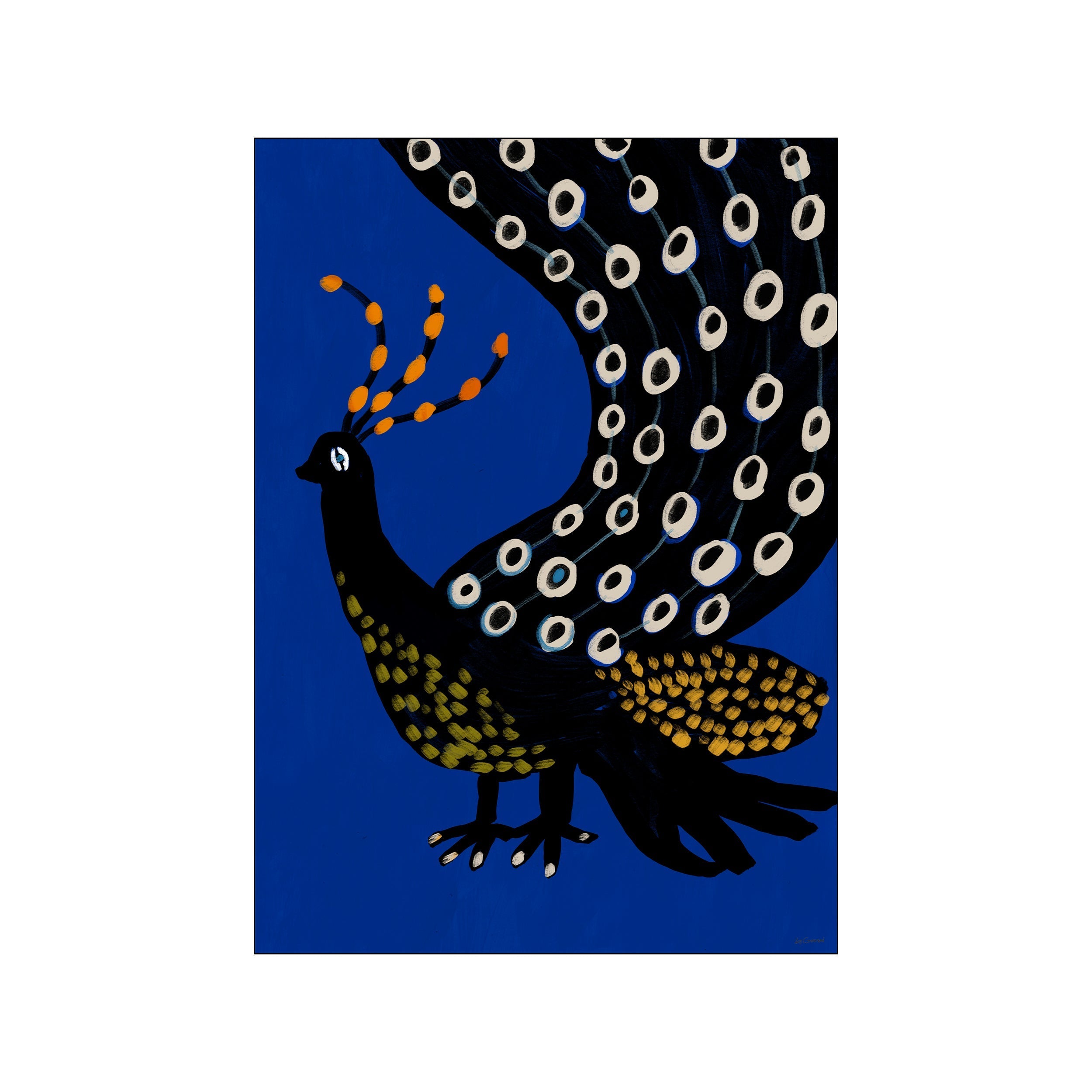 Stylized black peacock with a sweeping tail adorned with white and blue eye-like circles, set against a vivid cobalt blue background, accented with golden yellow brushstrokes on its wings and head.