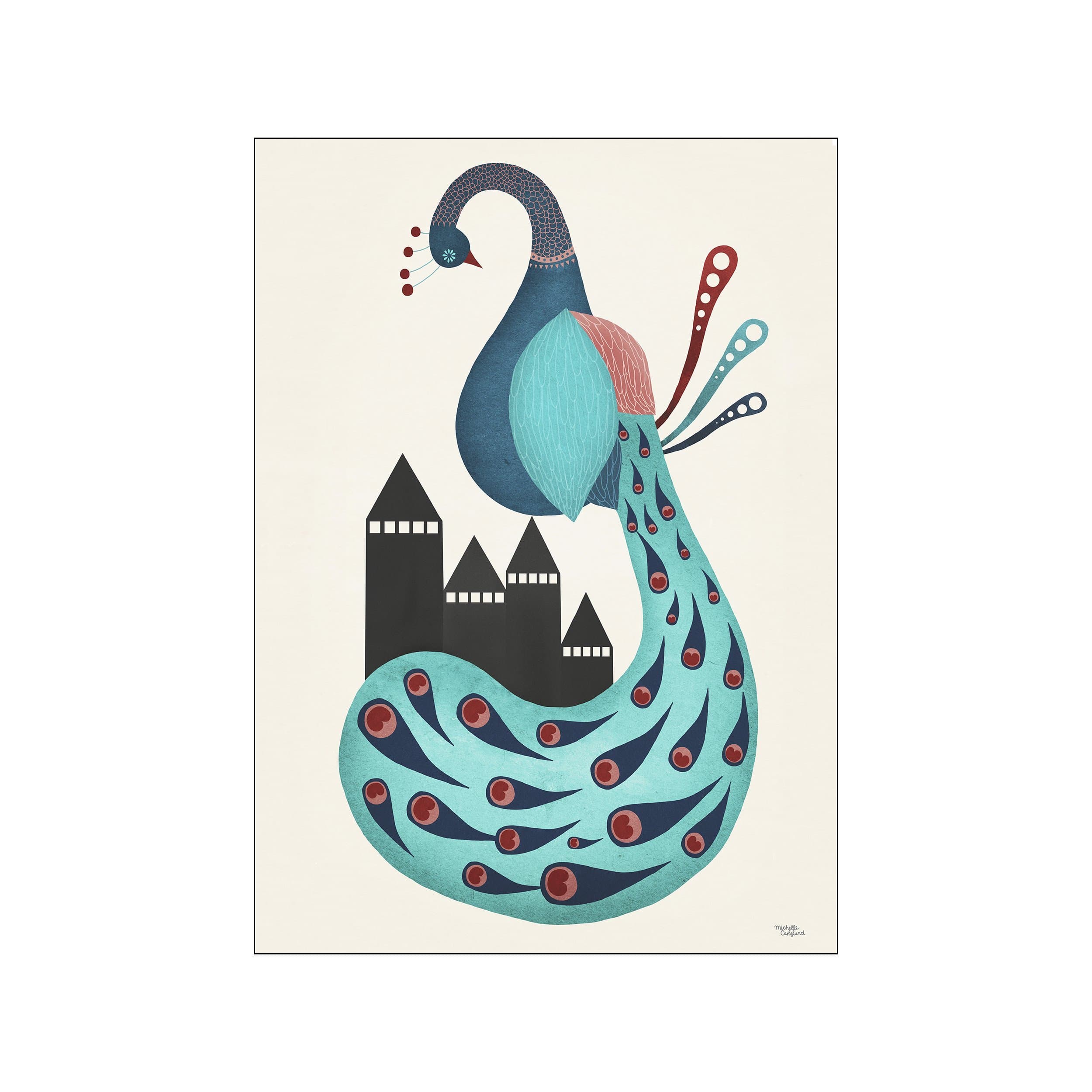 A stylized peacock illustration in shades of deep blue, teal, and crimson, perched above dark silhouettes of castles against a cream background. The artwork evokes a sense of playful fantasy.