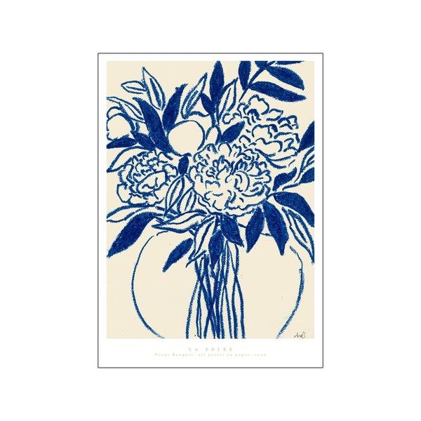 A vibrant oil pastel drawing of a generous bouquet of peonies in a vase, rendered in bold, expressive strokes of deep blue against a soft cream background.