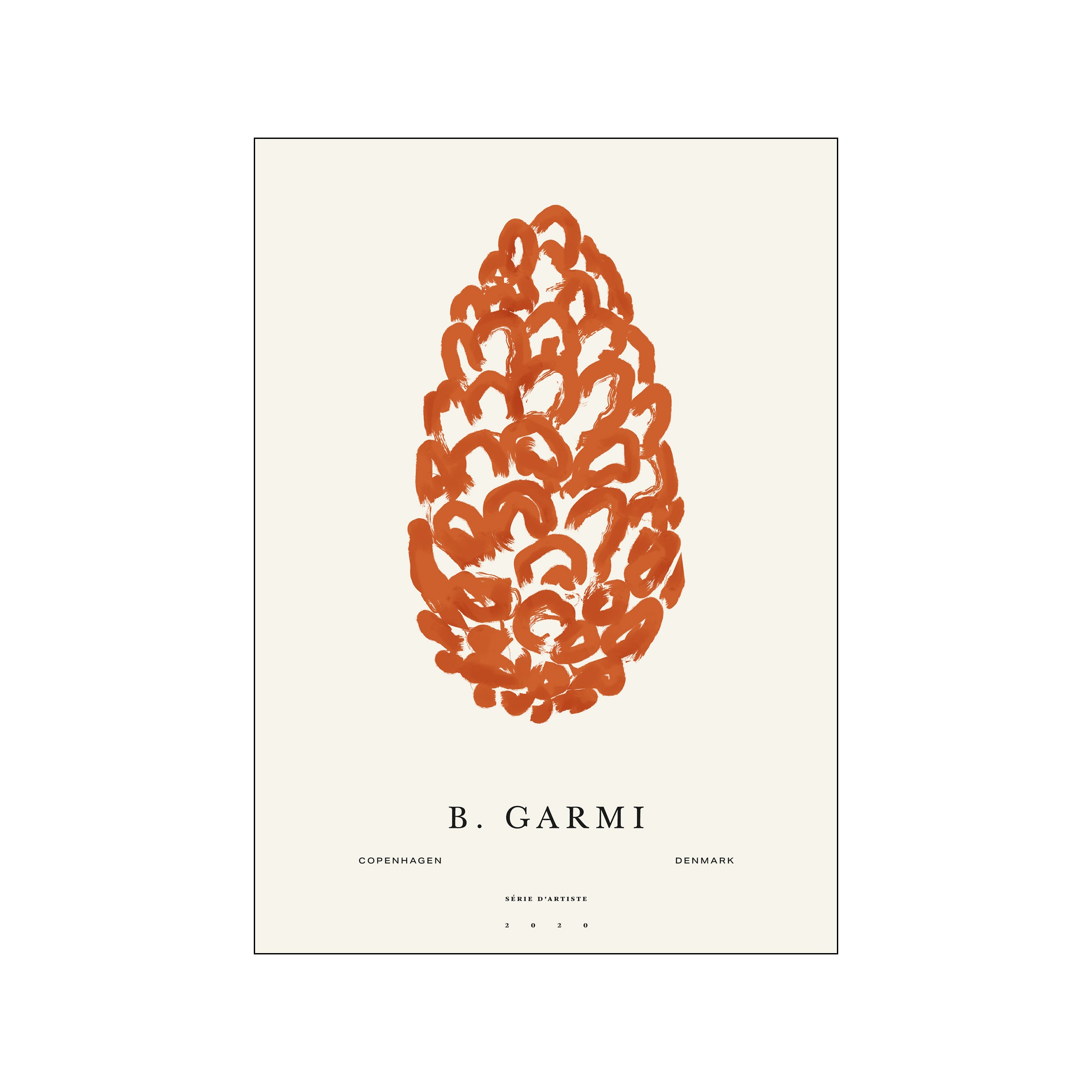 A bold, abstract rendering of a pine cone in warm, burnt orange watercolor strokes against a cream background, with the artist's name and location subtly placed below.