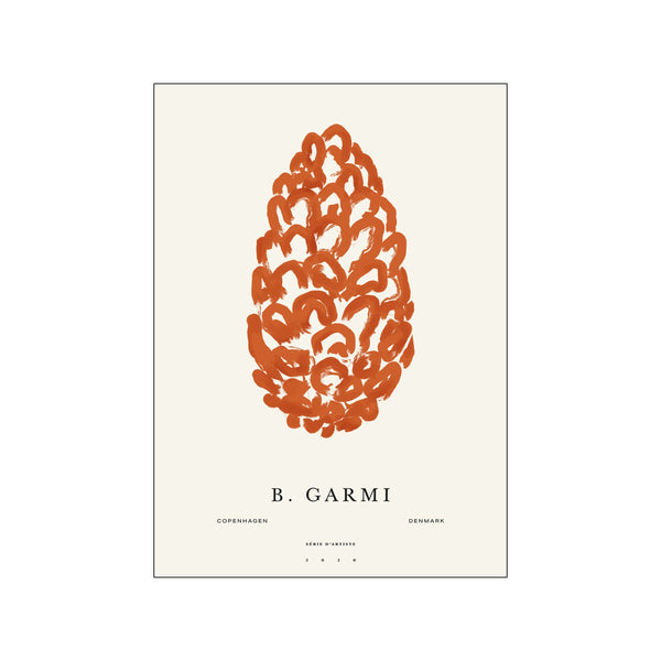A bold, abstract rendering of a pine cone in warm, burnt orange watercolor strokes against a cream background, with the artist's name and location subtly placed below.