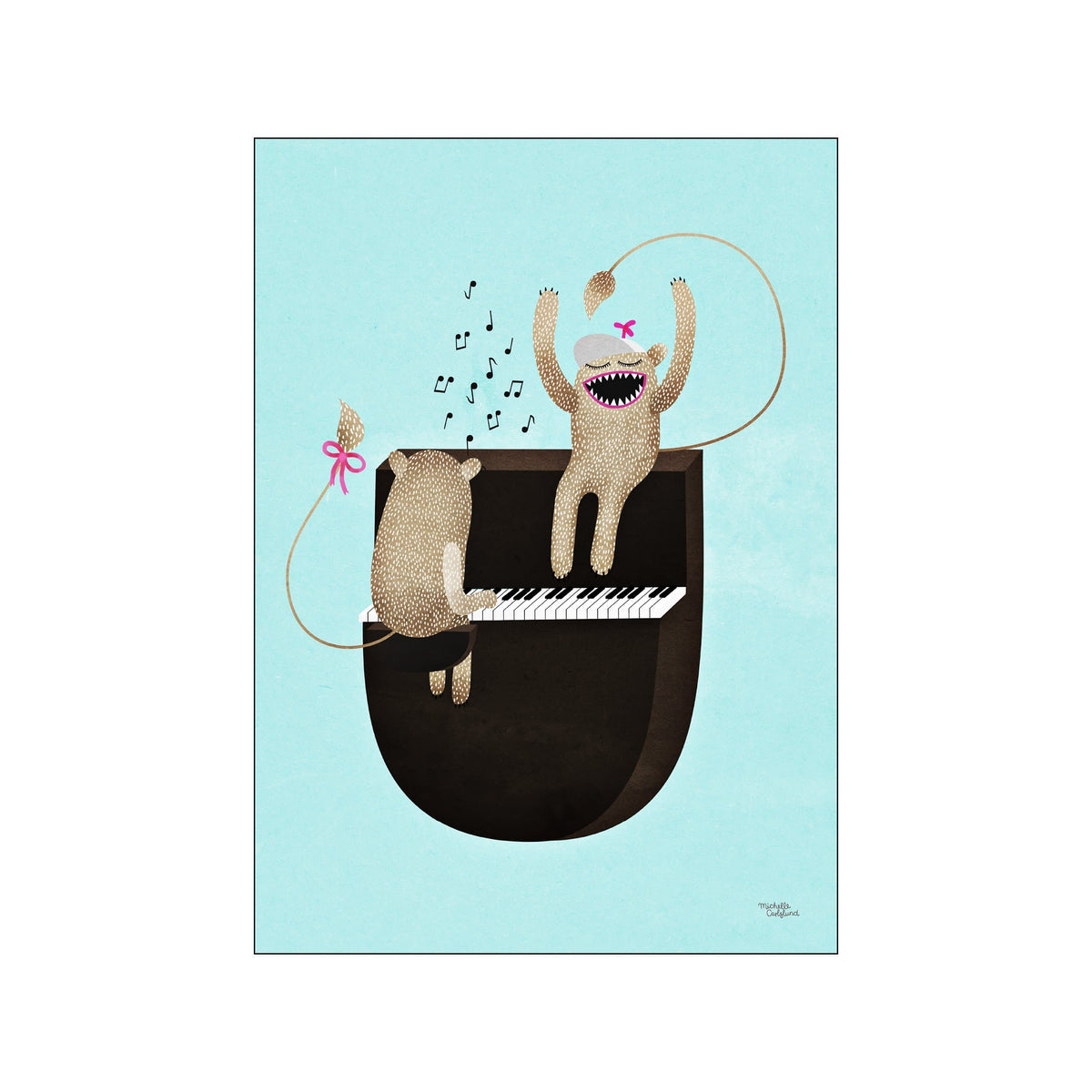 Two fuzzy, bear-like creatures joyfully playing a piano together on a serene aqua background. Musical notes float in the air, and pink ribbons adorn the scene, creating a whimsical and playful mood.