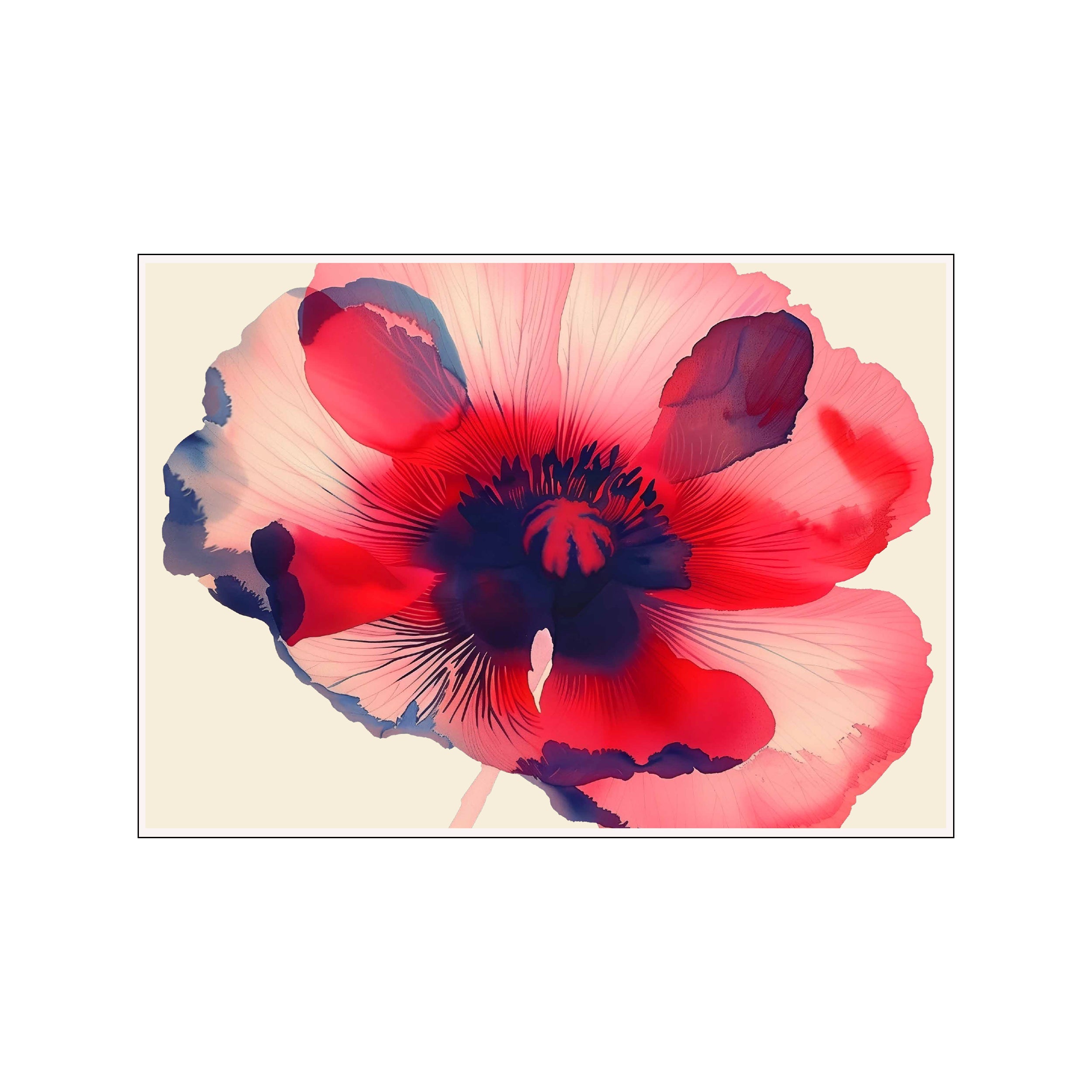 A large, abstract poppy flower rendered in vivid shades of red, pink, and deep blue, with delicate petal textures against a creamy, neutral background. Evokes a feeling of bold artistry and natural grace.