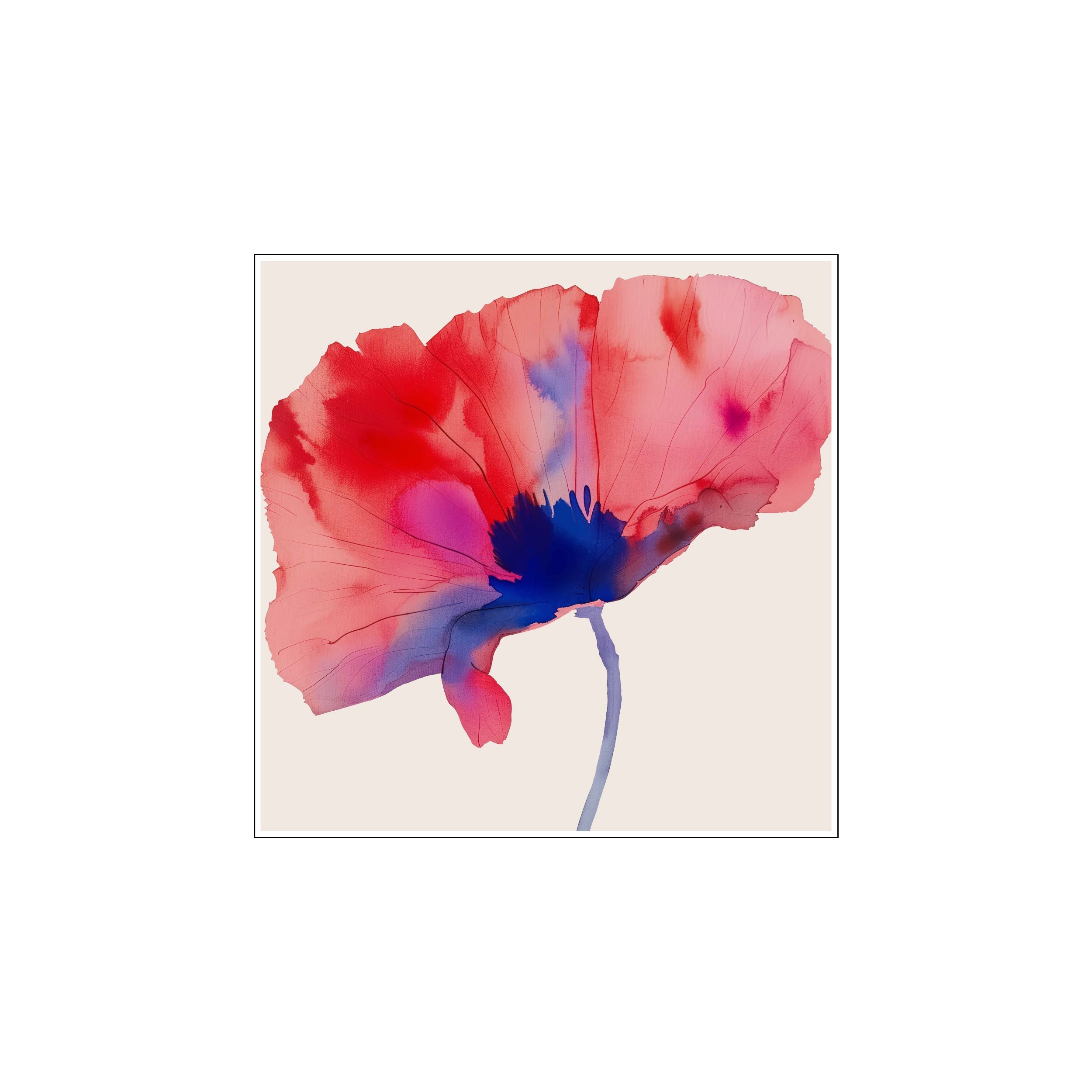 An abstract watercolor depiction of a single poppy in vibrant shades of red, pink, and deep blue, with visible brushstrokes and a delicate stem, set against a soft beige background.