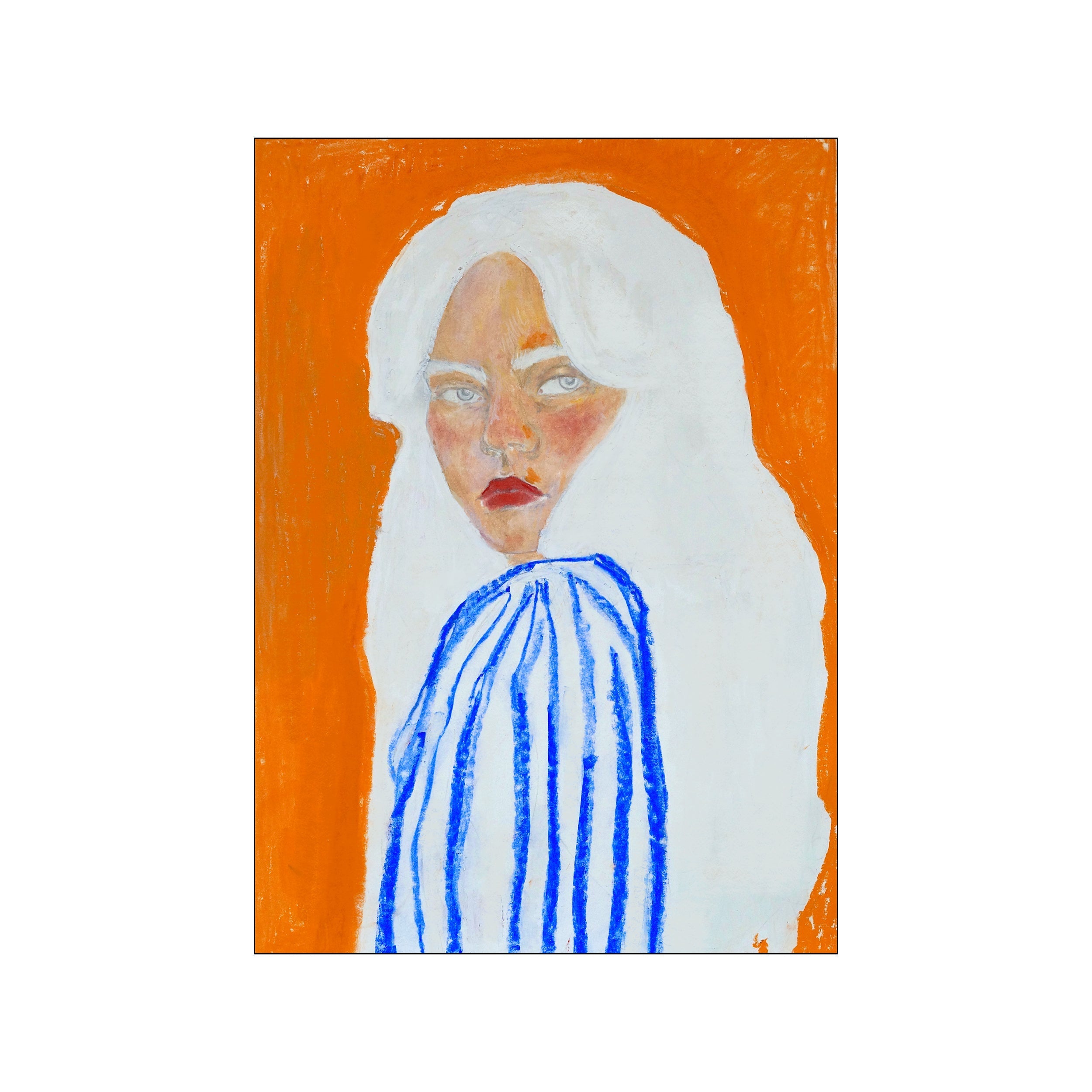 Portrait of a white-haired woman with red lips against a vivid orange background