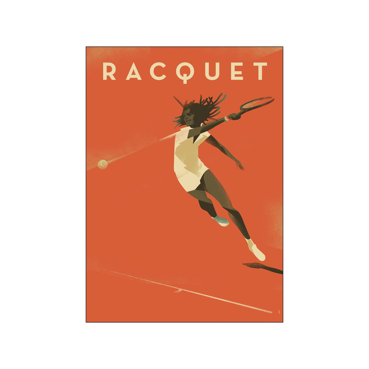 Orange poster of a tennis player mid-swing with the title Racquet above
