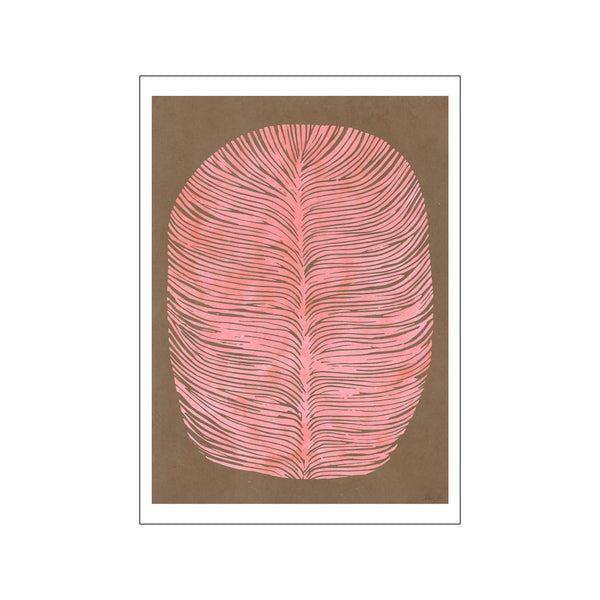 Abstract artwork featuring soft, wavy lines of warm pink radiating from a central stem against a muted brown background, evoking a tranquil lagoon.