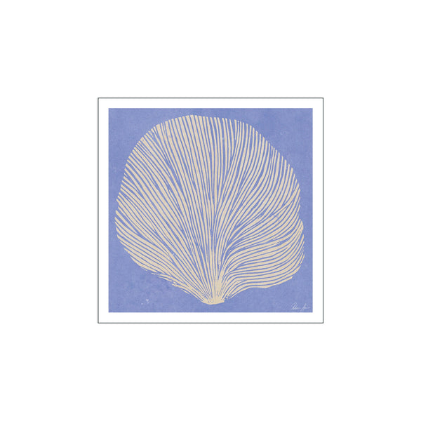 An abstract artwork featuring delicate, flowing lines in cream against a textured periwinkle blue background, resembling a stylized fan or shell.