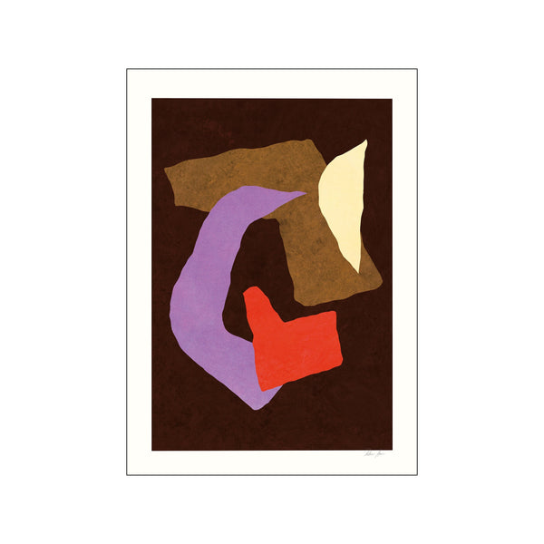 Abstract artwork featuring organic shapes in earthy brown, gold, pale yellow, vibrant red, and soft purple against a dark textured background, evoking a contemplative and artistic mood.