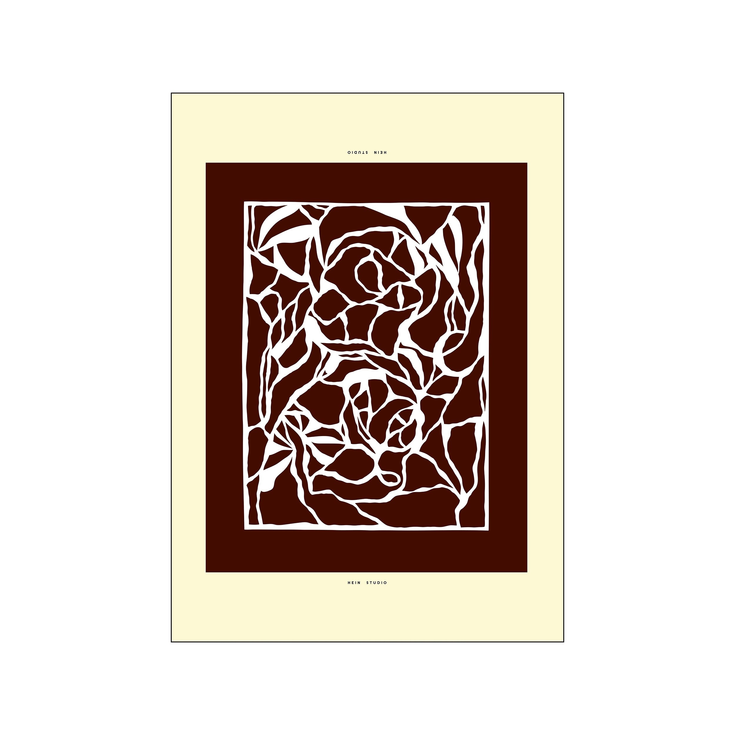 Abstract artwork featuring interwoven ivory lines against a deep bordeaux background, framed by a cream border. The piece hints at organic forms like roses or portraits, exuding a mood of sophisticated calm.