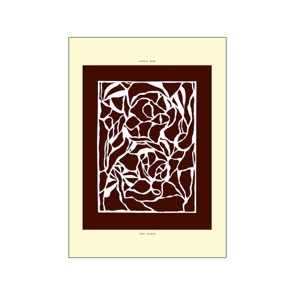 Abstract artwork featuring interwoven ivory lines against a deep bordeaux background, framed by a cream border. The piece hints at organic forms like roses or portraits, exuding a mood of sophisticated calm.