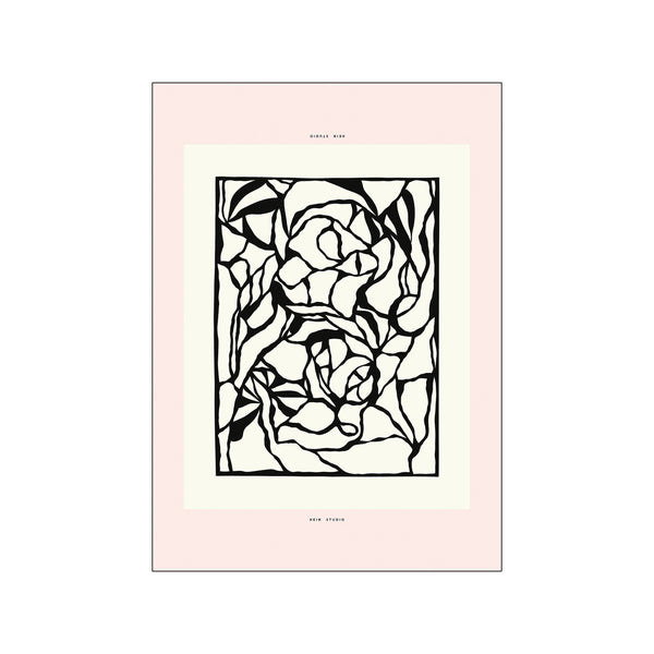 A black and white abstract line drawing of interwoven floral shapes resembling a rose, set against a pale cream background with a soft pink border, by Rebecca Hein.