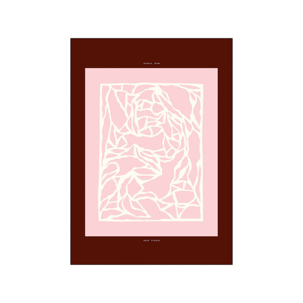 An abstract, stylized rose in soft blush and cream, with delicate linework against a muted pink background and a deep burgundy border. Evokes a feeling of gentle introspection and serene beauty.