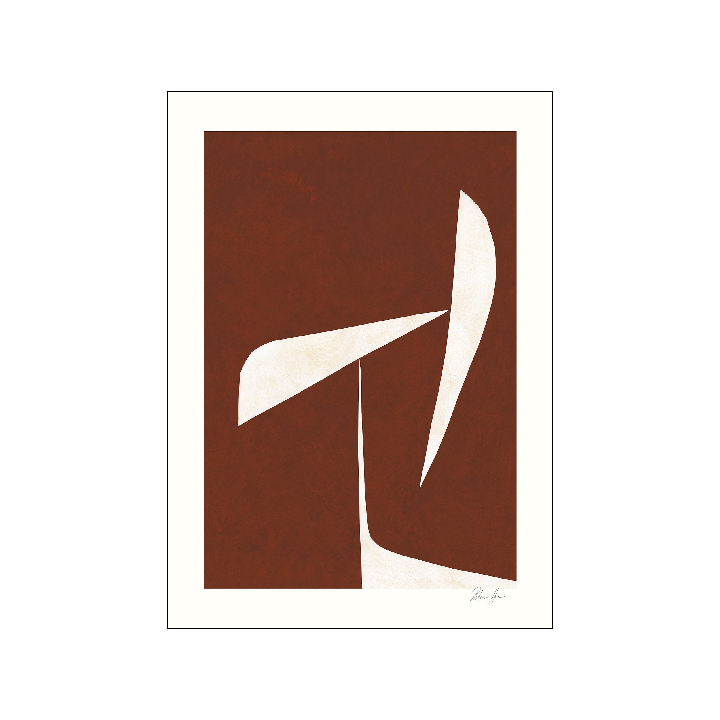 Abstract artwork with bold, cream-colored geometric shapes set against a textured, warm terracotta background. The composition suggests graceful movement and balance.