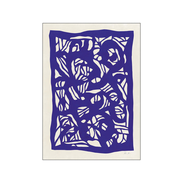 An abstract graphic artwork featuring organic, flowing shapes in a deep royal blue against a textured cream background, evoking a sense of movement and modern artistry.