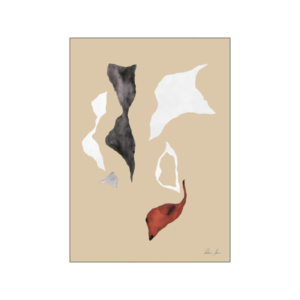 Abstract composition featuring flowing, organic shapes in black, white, and burnt sienna against a neutral tan background, evoking a sense of calm and natural movement.