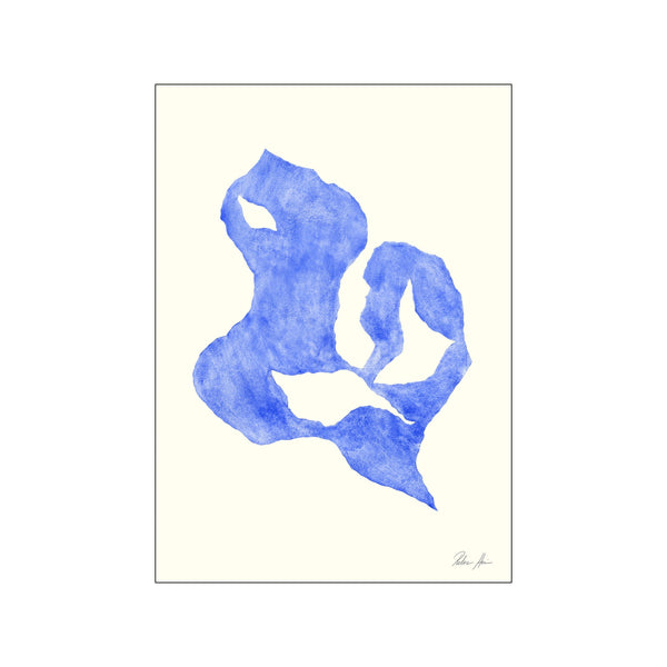 Abstract artwork featuring flowing, organic shapes in deep blue watercolor against a cream background, suggesting a soulful portrait. Evokes a sense of calm and modern artistry.