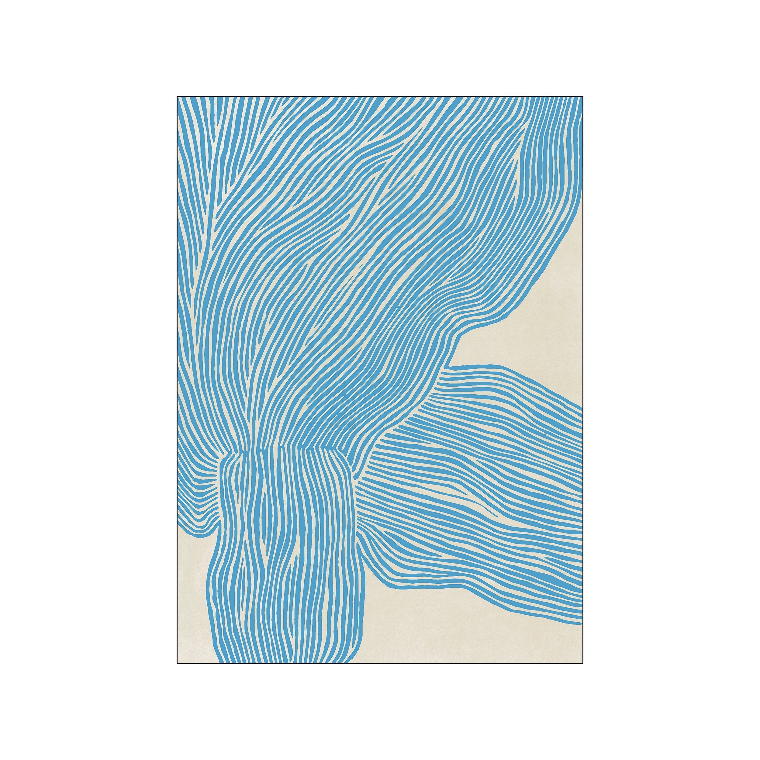Abstract artwork with flowing, organic lines in a soft blue color, set against a creamy beige background. The composition suggests natural movement and evokes a peaceful, coastal atmosphere.