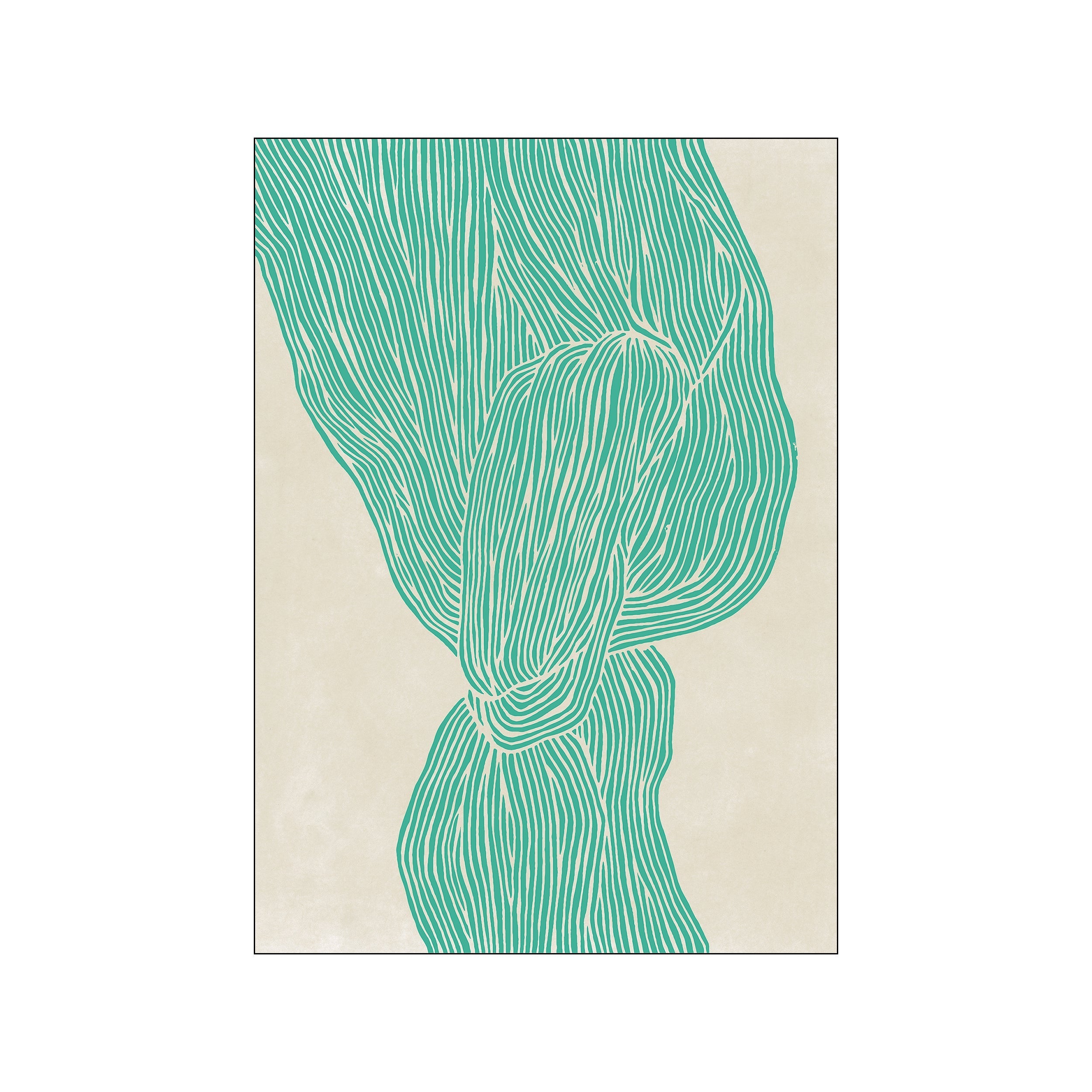 An abstract artwork composed of flowing, textured teal lines against a soft, creamy beige background. The piece suggests organic forms, like intertwined strands or natural curves, conveying a sense of calm movement and organic elegance.