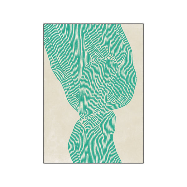 An abstract artwork composed of flowing, textured teal lines against a soft, creamy beige background. The piece suggests organic forms, like intertwined strands or natural curves, conveying a sense of calm movement and organic elegance.