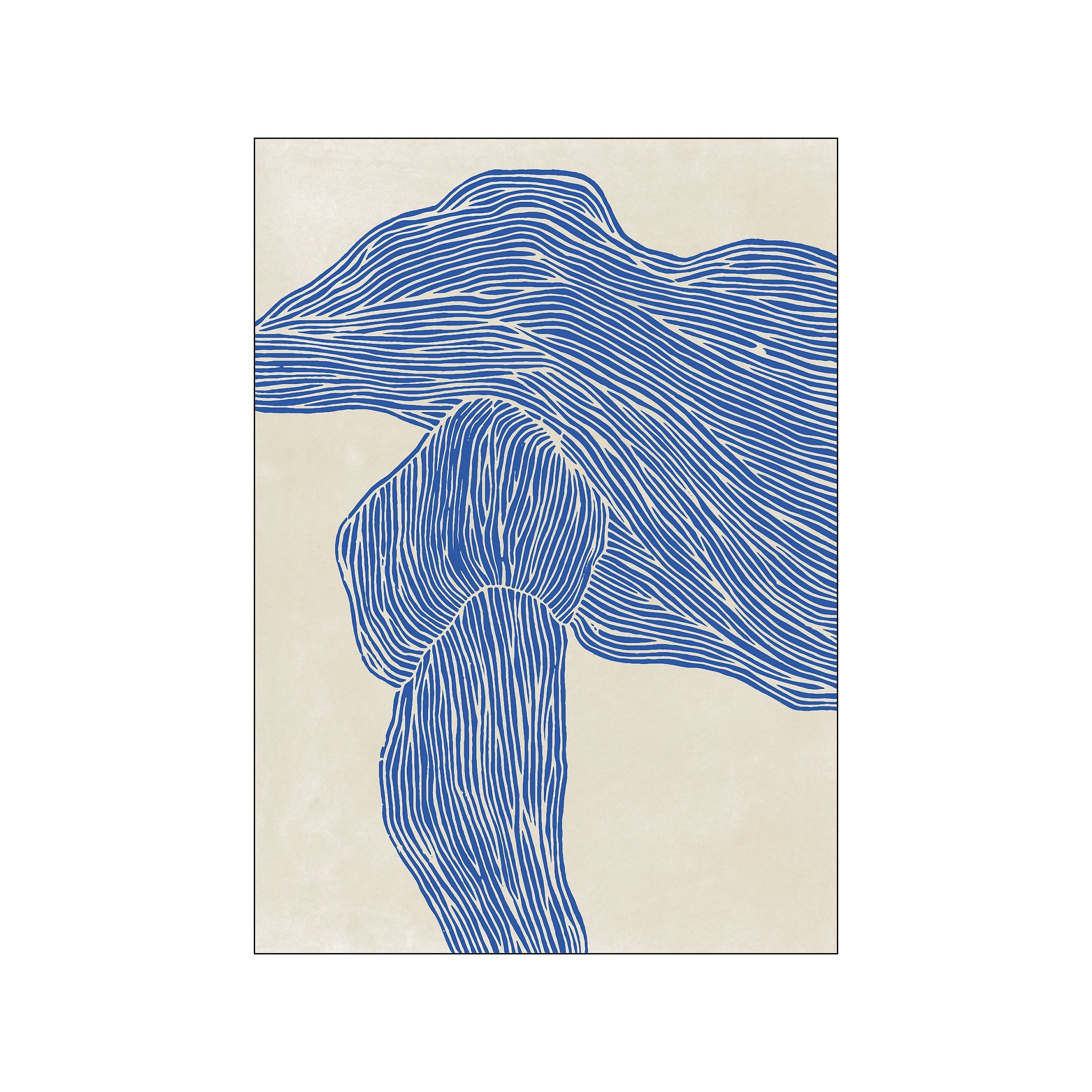 An abstract portrait-like form rendered in flowing, parallel navy blue lines against a textured cream background, conveying a sense of organic movement and calm energy.