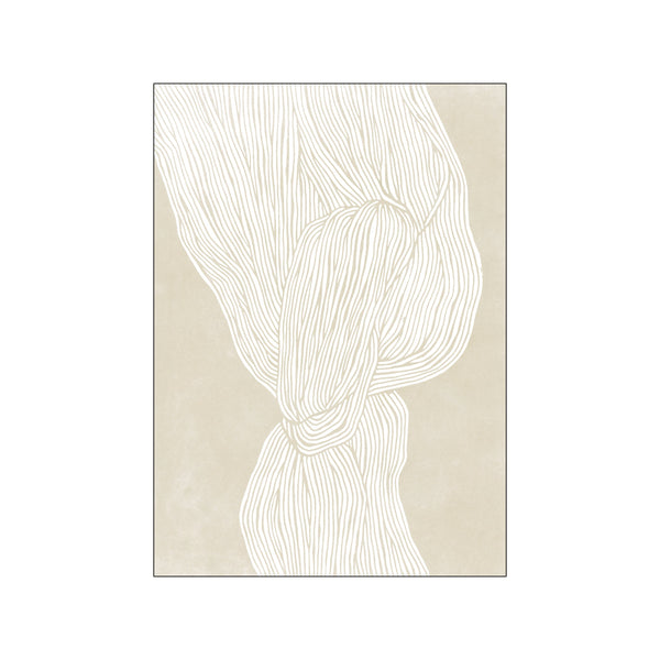 A vertical abstract artwork with flowing, creamy white lines against a soft beige textured background, suggesting organic forms or a gentle portrait.