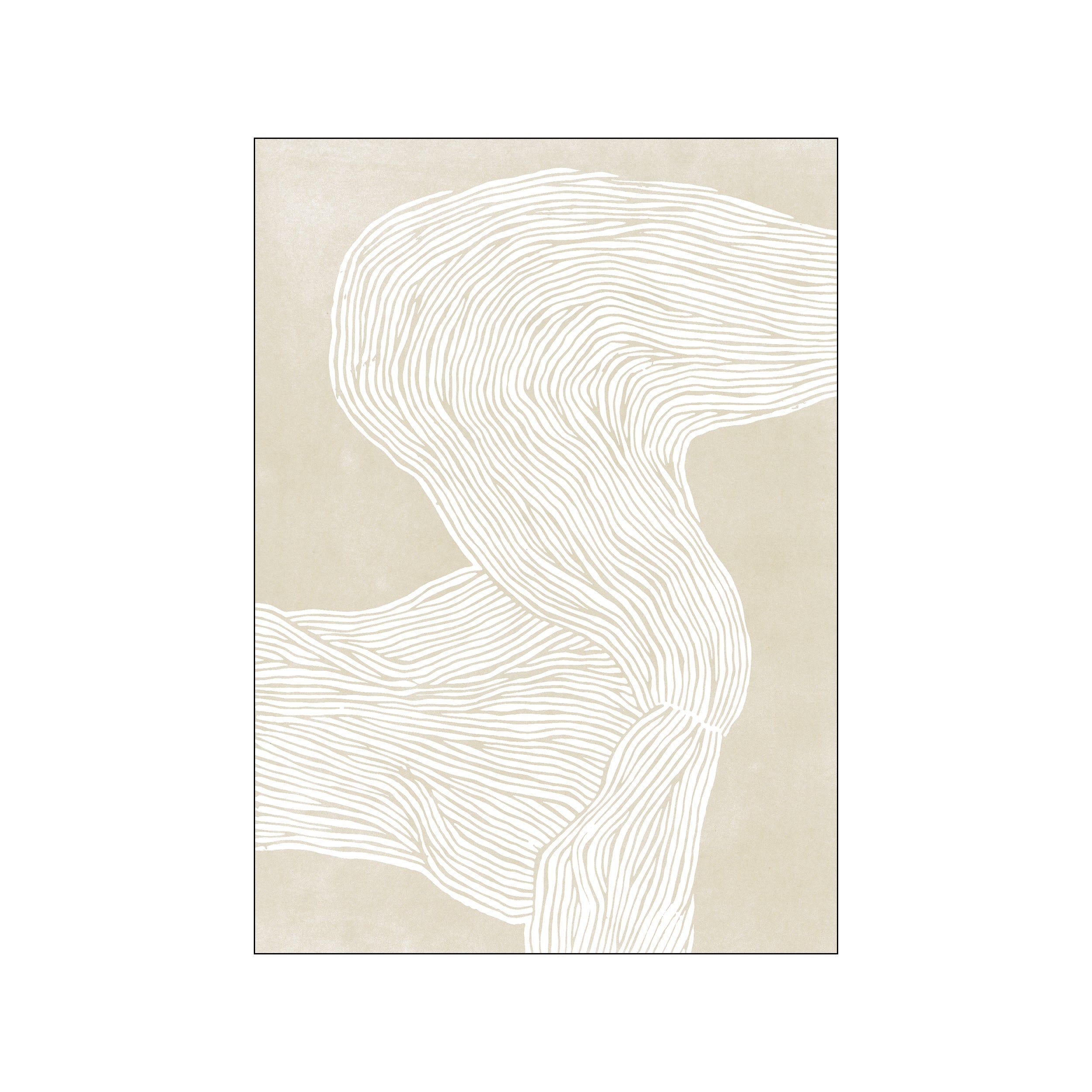 Abstract artwork featuring flowing, organic white lines against a textured, soft beige background. The composition suggests movement and natural forms, creating a peaceful and sophisticated aesthetic.