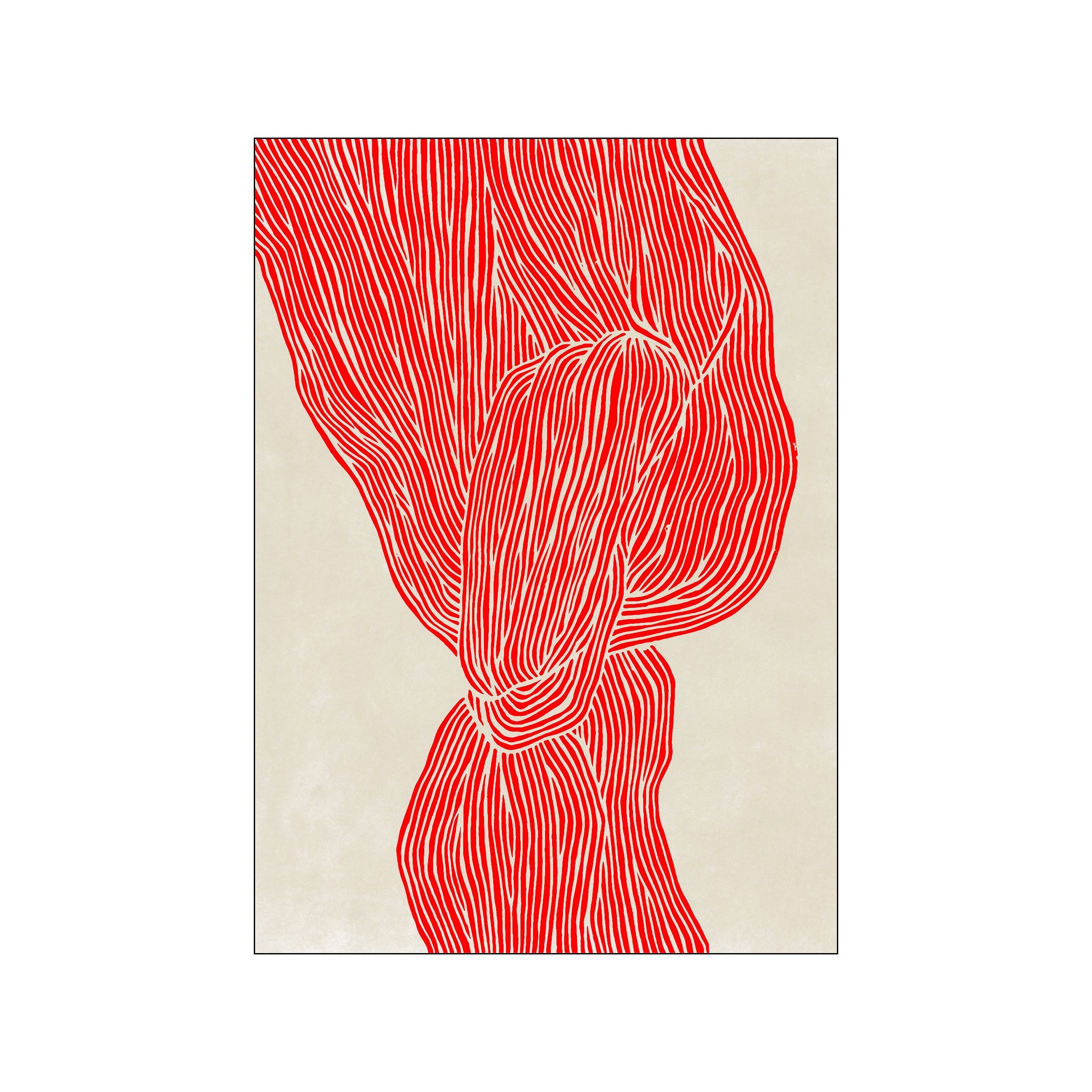 Abstract artwork featuring bold, flowing red lines and curves against a textured cream background, creating a dynamic and organic visual with a minimalist vibe.