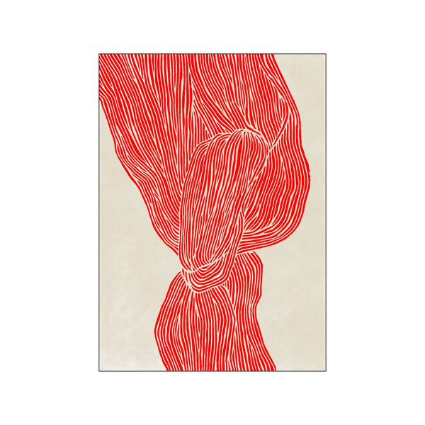 Abstract artwork featuring bold, flowing red lines and curves against a textured cream background, creating a dynamic and organic visual with a minimalist vibe.