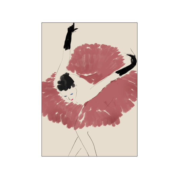 A stylized illustration of a ballet dancer mid-pose, wearing a voluminous red tutu and black gloves, with minimalist lines on a soft beige background.