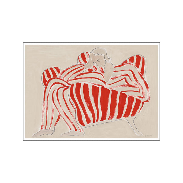 art print by Sofia Lind featuring a reclining figure intertwined with a bold red-and-white striped armchair on a neutral background