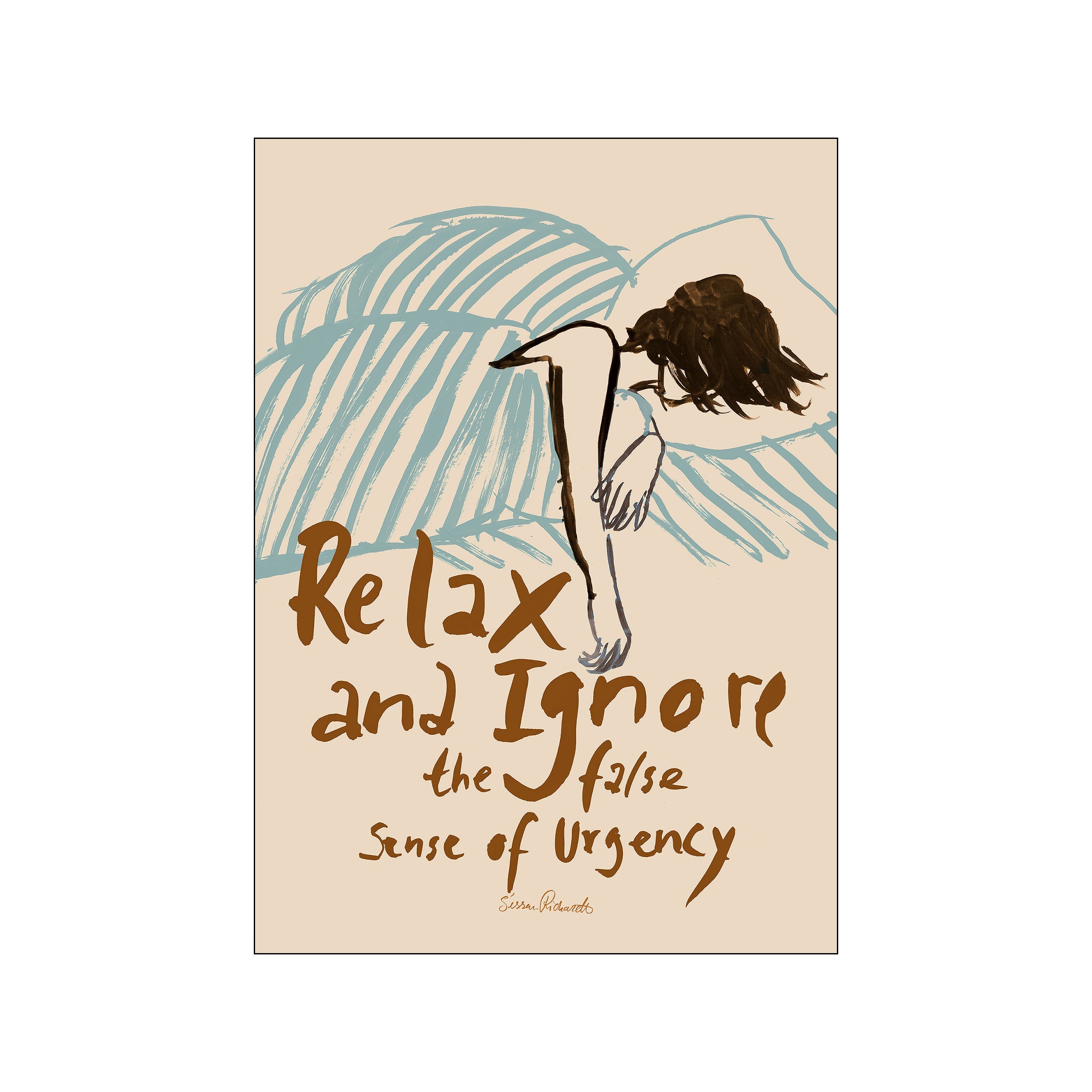 Beige portrait poster with blue linework, brown handwritten text, and a seated figure