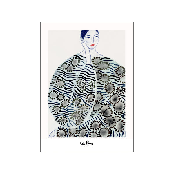 A portrait of a pensive figure wearing a voluminous garment adorned with intricate, abstract floral and wave-like patterns in muted blues, grays, and black. The mood is calm and introspective.