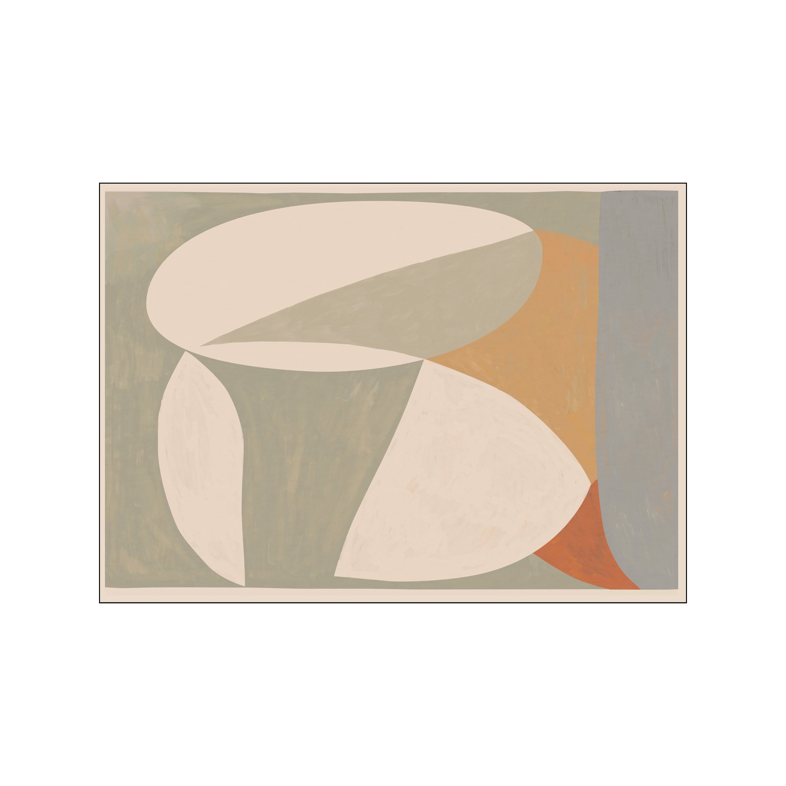 An abstract composition featuring overlapping soft shapes in beige, sage green, light orange, and grey, with a muted, calming, and contemplative atmosphere.