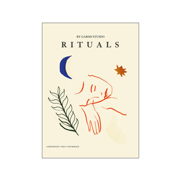 An art piece titled "Rituals" by By Garmi, featuring delicate red line art of a resting figure, a dark blue crescent moon, an amber star, and a dark green branch against a creamy, textured background.