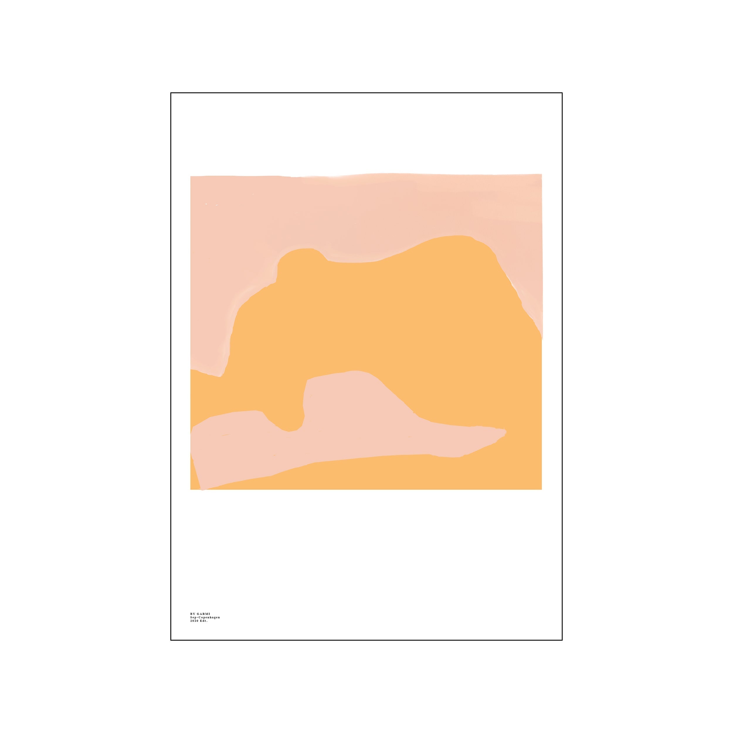 An abstract artwork with flowing shapes in soft blush and warm ochre tones, suggesting a river meeting land under a gentle sky, creating a mood of serene warmth.