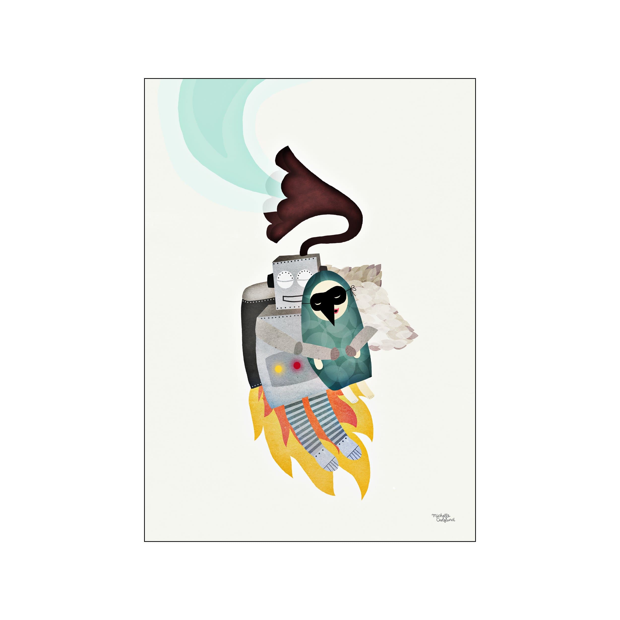 A whimsical illustration of a retro robot with glowing lights carrying a bird-like figure and a vintage gramophone, powered by fiery orange and yellow flames against a light background. The artwork has a gentle, storybook.
