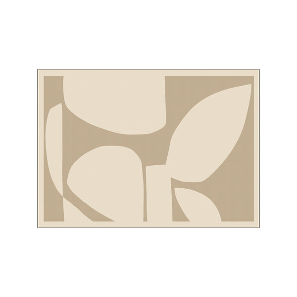 An abstract artwork featuring organic, flowing shapes in muted beige and brown tones, creating a serene and earthy visual on a neutral background.