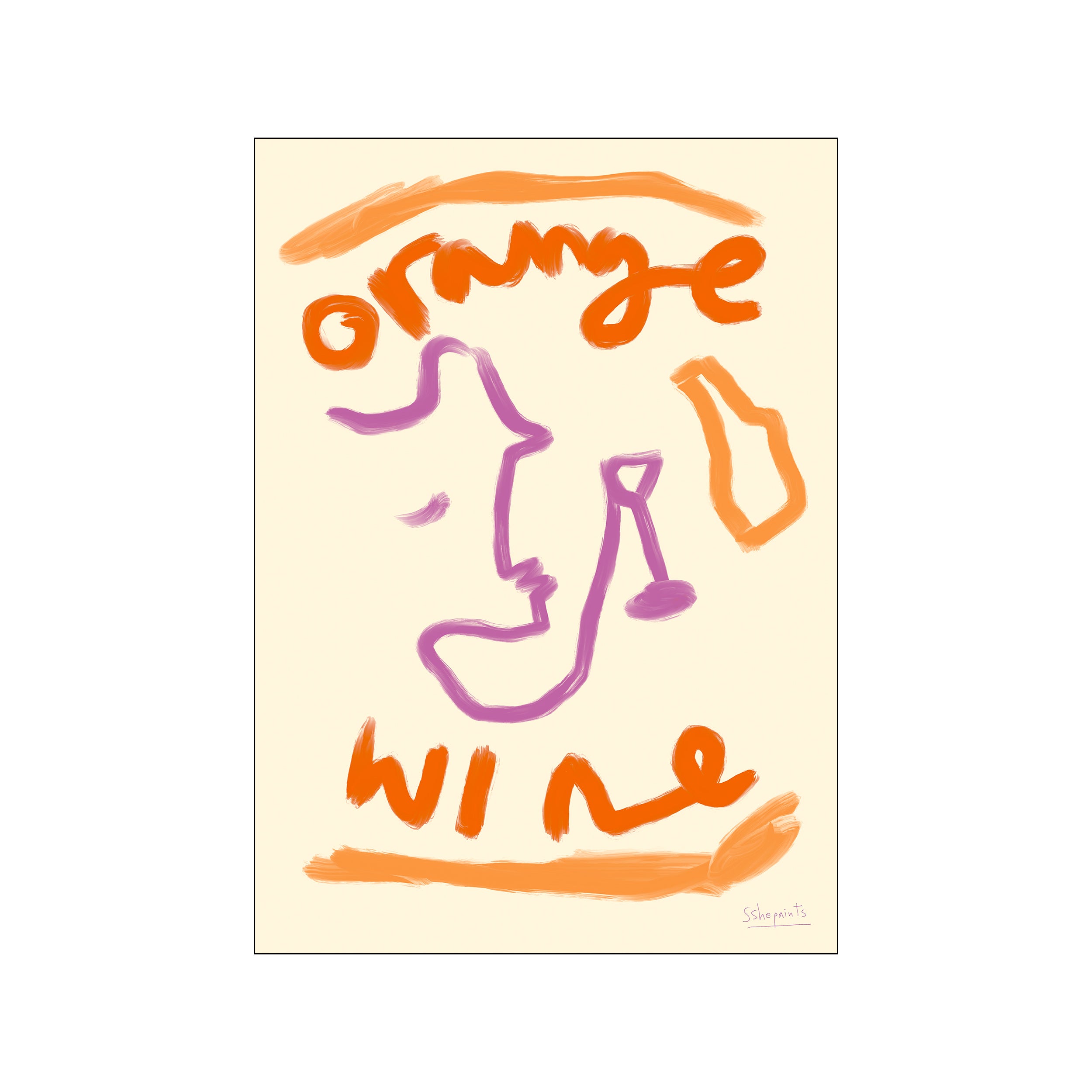 Abstract art featuring bold orange and violet brushstrokes forming suggestive shapes of faces and bottles, with the words 'Orange Wine' inscribed, on a cream background.