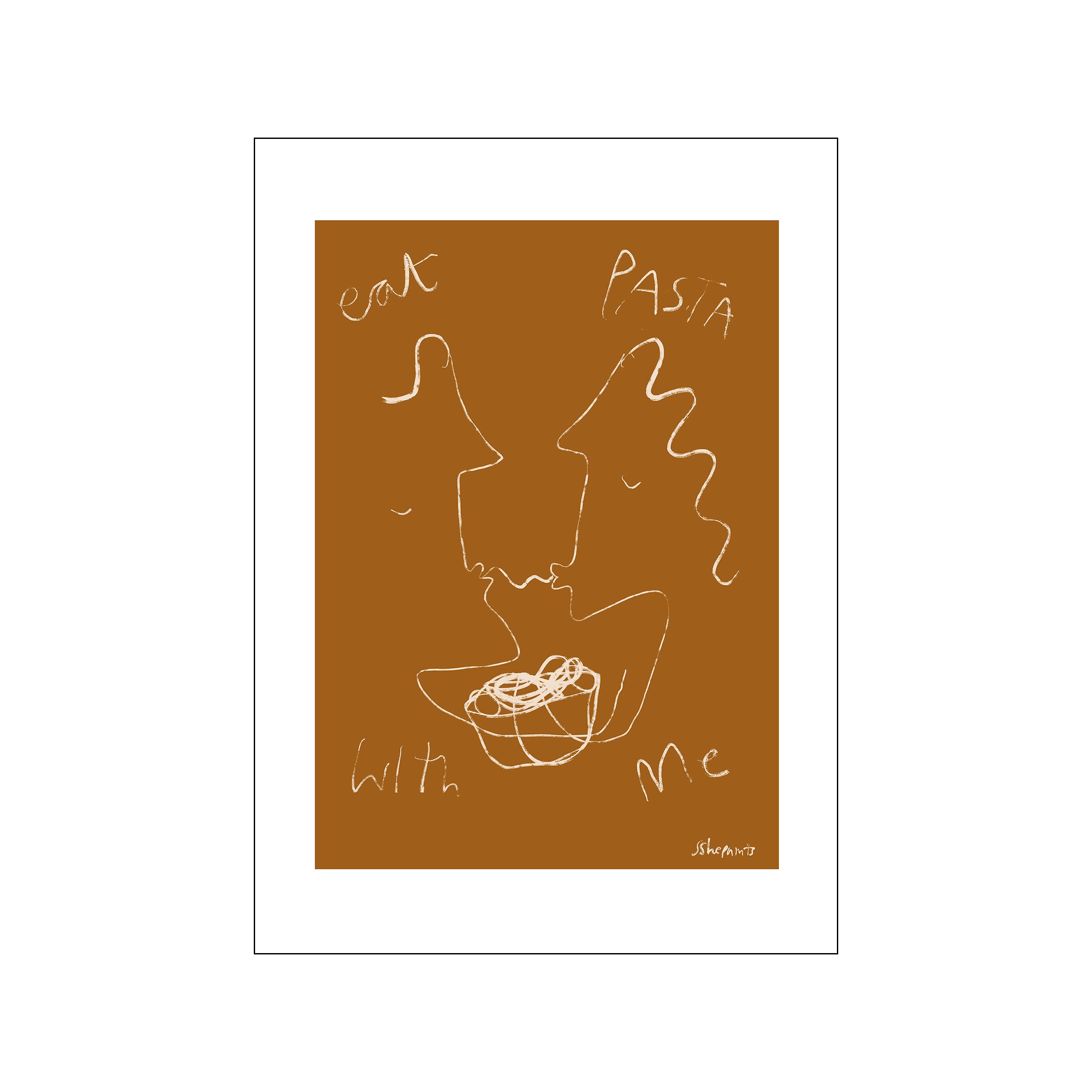 A minimalist line drawing on a warm ochre background depicts two abstract figures leaning towards each other over a bowl of pasta, with the words "eat pasta with me" gracefully scripted above and below.