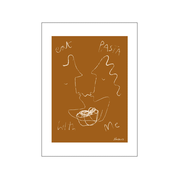A minimalist line drawing on a warm ochre background depicts two abstract figures leaning towards each other over a bowl of pasta, with the words "eat pasta with me" gracefully scripted above and below.