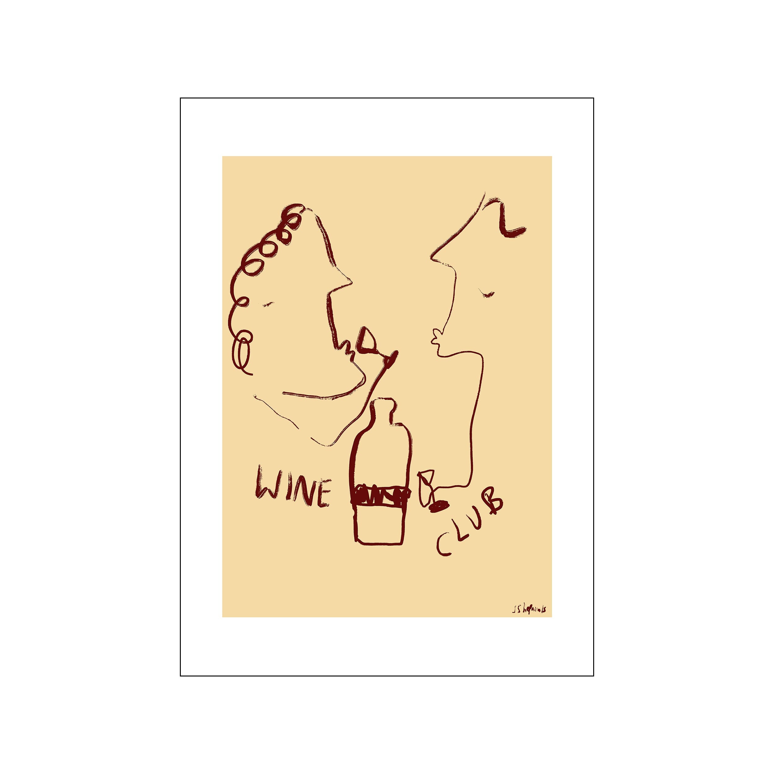 Abstract line drawing of two people with a wine bottle and glass in warm brown tones on a muted yellow background, evoking a cozy and sophisticated evening gathering.