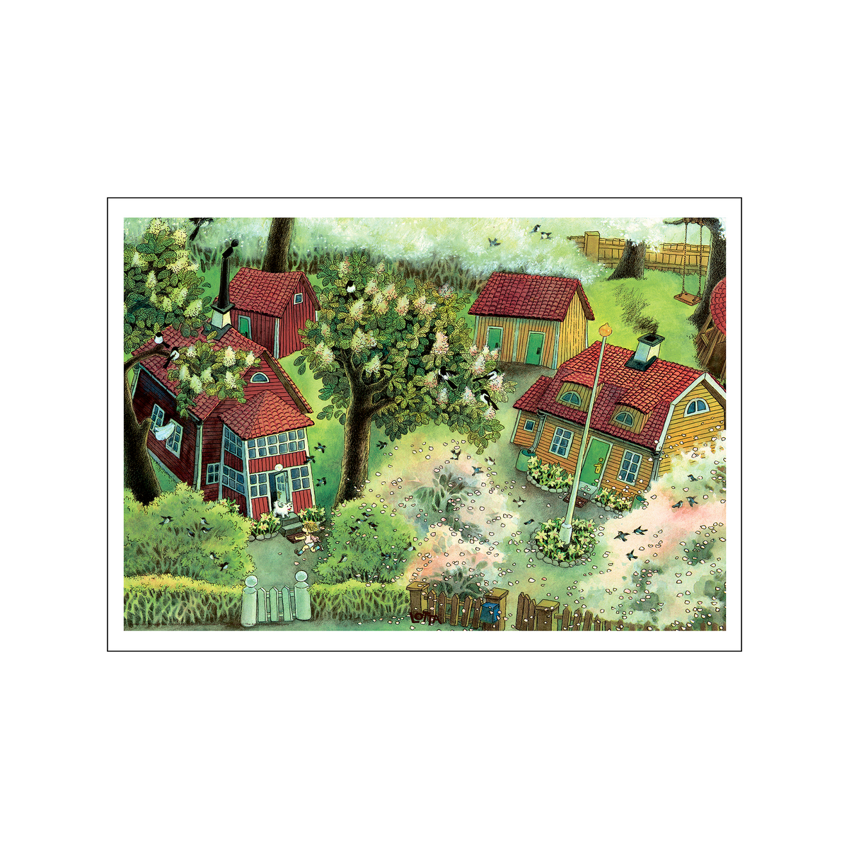 Pastel village garden with red roof houses, leafy trees, and birds overhead
