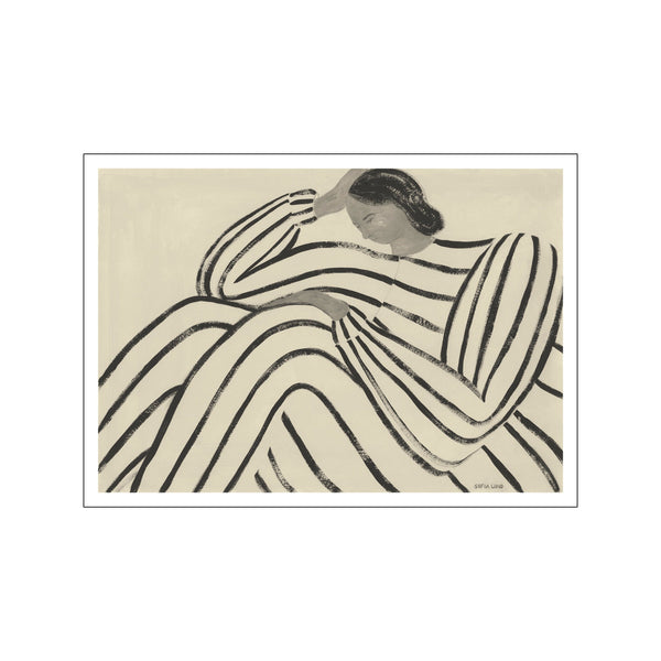 art print by Sofia Lind featuring a contemplative seated figure wrapped in black-and-white stripes against a neutral background