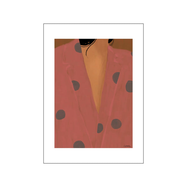 Abstract artwork featuring a close-up of a figure wearing a coral-toned blazer adorned with dark grey polka dots, against a warm ochre background.