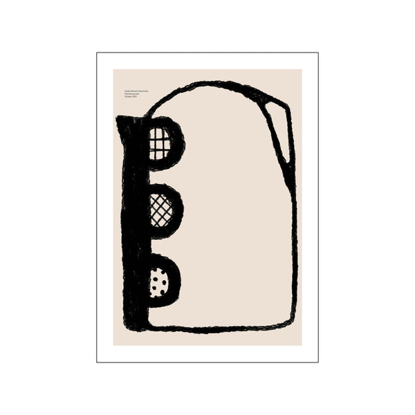 An abstract graphic artwork featuring thick, textured black lines forming a rounded, organic shape with circular openings on a pale beige background. Evokes a playful yet sophisticated vibe.